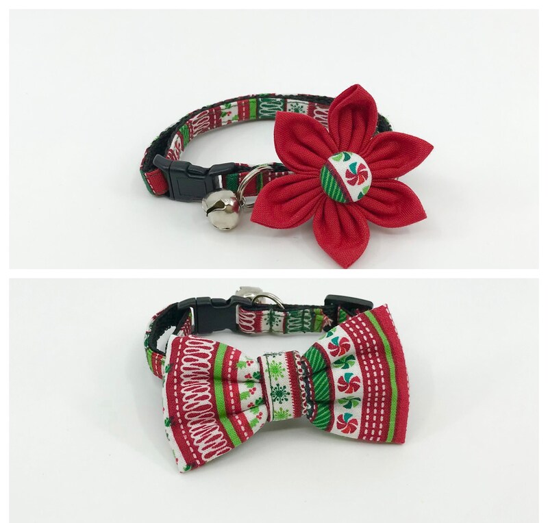 Holiday Cat Collar With Optional Flower Or Bow Tie Red And Green Christmas Candy Breakaway Collar Adjustable Sizes S Kitten, M, L